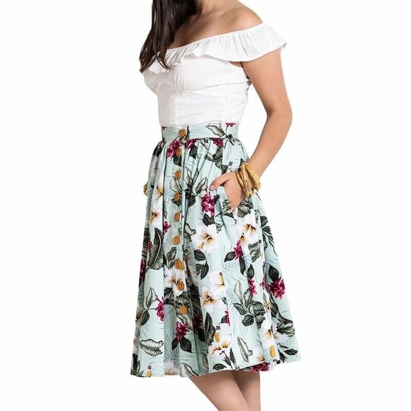 NWT HELL BUNNY RETRO 50S VINTAGE STYLE GREEN FLORAL TAHITI SKIRT SIZE SMALL - Picture 2 of 15